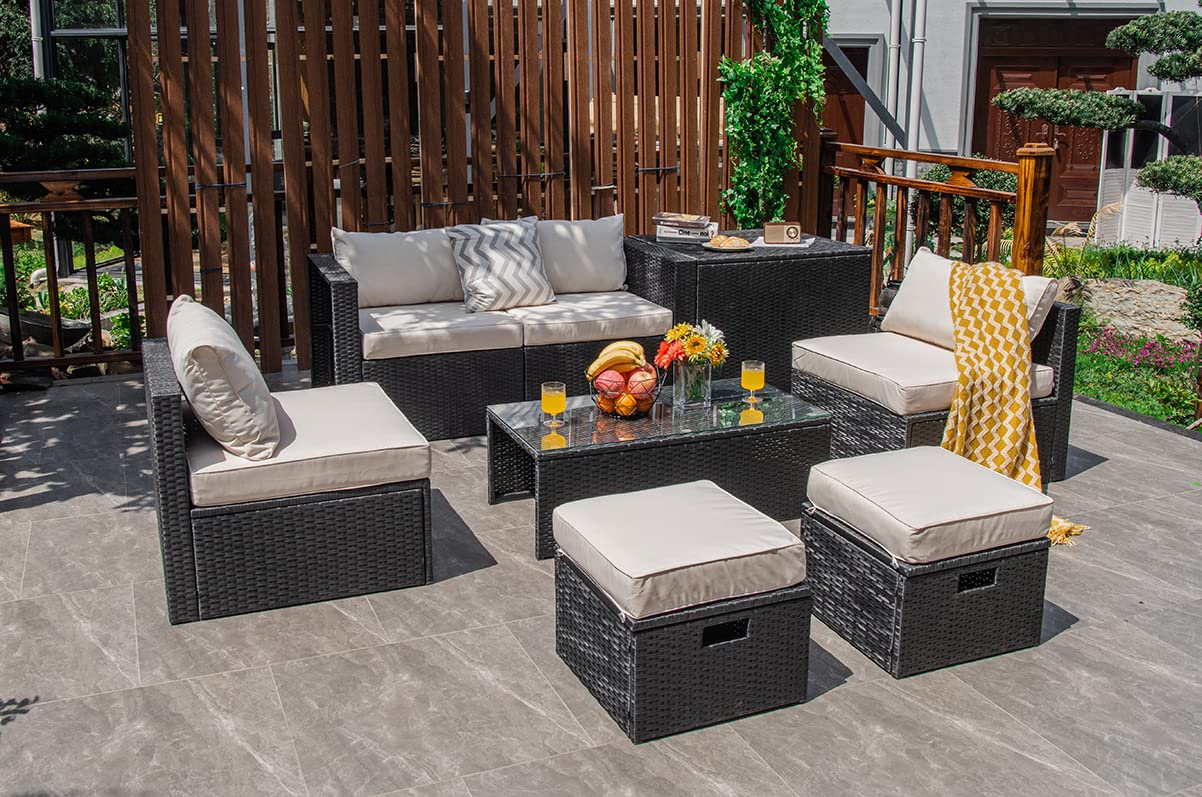 Ensemble de meubles de patio 8 pièces avec housse, 2 poufs, 2 canapés sans accoudoirs et canapés d'angle